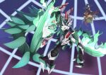  armor belt belt_buckle blue_cape blue_gloves boots brown_boots brown_jumpsuit buckle cape commentary_request digimon digimon_(creature) dual_wielding feathered_wings feathers floating from_below gloves green_arm green_armor green_feathers green_helmet green_wings hat helmet highres holding holding_sword holding_weapon horns jumpsuit knight looking_down multicolored_cape multiple_belts no_humans red_cape red_horns roy_payne single_horn sword thigh_belt thigh_strap torn_cape torn_clothes weapon wings witch_hat wizard wizarmon wizarmon_x-antibody zephagamon zipper 