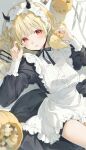  1girl apron baby_animal bird black_dress black_horns blonde_hair blush chick commentary_request dress fork frilled_apron frills highres horns kinako_(shiratama_mochi) knife kogara_toto looking_at_viewer official_art red_eyes sample_watermark solo virtual_youtuber vspo! watermark white_apron 