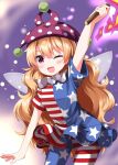  1girl :d ;d american_flag american_flag_dress american_flag_print arm_up blonde_hair blush breasts clownpiece commentary dress fairy fairy_wings flag_print hat highres holding holding_torch jester_cap long_hair looking_at_viewer neck_ruff one_eye_closed open_mouth pantyhose pink_eyes polka_dot_headwear purple_hat ruu_(tksymkw) short_sleeves small_breasts smile solo star_(symbol) star_print striped_clothes striped_dress striped_pantyhose torch touhou very_long_hair wings 