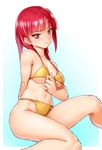  :t bikini blush breasts gradient gradient_background groin large_breasts looking_at_viewer magi_the_labyrinth_of_magic morgiana navel onsoku_maru pout red_eyes red_hair sitting sketch solo swimsuit underboob yellow_bikini 