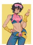  1girl artist_name bare_shoulders belt belt_buckle black_hair blue_pants border breasts buckle closed_mouth commentary cowboy_shot crop_top earrings english_commentary eyewear_on_head finger_heart hand_on_own_hip heart highleg highleg_panties highres jewelry jubilee looking_to_the_side madogg marvel marvel_rivals narrow_waist navel panties pants panty_peek pink_shirt scar scar_on_stomach shirt short_hair simple_background sleeveless small_breasts underwear wavy_hair white_border x-men yellow_background yellow_belt yellow_eyes 