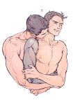  2boys abs arms_around_another's_waist beard_stubble brown_hair chris_redfield closed_eyes collarbone commentary cropped_torso english_commentary facial_hair heart highres hug hug_from_behind kiss kissing_neck lanimalu male_focus multiple_boys nude open_mouth pectorals piers_nivans prosthesis prosthetic_arm resident_evil resident_evil_6 short_hair simple_background smile stubble teeth upper_teeth_only very_short_hair white_background yaoi 