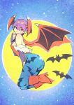  1girl animal_print ass bare_shoulders bat_print blue_pantyhose boots breasts darkstalkers demon_girl demon_wings detached_sleeves e-kaki fingerless_gloves floating full_moon gloves head_wings high_heels highres leaning_forward leotard lilith_(darkstalkers) looking_back moon pantyhose pink_hair purple_sleeves red_boots red_eyes red_leotard short_hair wings 
