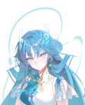  1girl blue_eyes blue_hair breasts collarbone commentary dress earrings english_commentary highres jewelry large_breasts long_hair looking_at_viewer multicolored_dress parted_bangs parted_lips qingxiao_(wuthering_waves) solo thunder-35 upper_body white_dress wuthering_waves 