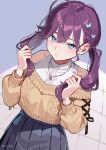  1girl ahoge braid butterfly_hair_ornament cable_knit collarbone commentary_request cowboy_shot cross-laced_clothes cross-laced_sleeves gakuen_idolmaster grey_skirt hair_between_eyes hair_ornament highres holding_own_hair idolmaster jewelry kaya_rinha long_hair necklace pleated_skirt purple_hair shinima shirt skirt sleeveless sleeveless_shirt solo sweater twintails white_shirt yellow_sweater 