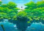  ambiguous_gender artist_request bident blue_sky blurry depth_of_field diving_helmet green_theme helmet highres holding holding_polearm holding_weapon lake loca! mold moss official_art polearm shorts sky standing tank_top weapon 