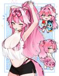 1girl ? absurdres adjusting_hair animal_ears animal_print armpits arms_up artist_name ass back bikini bikini_under_clothes bilingual_commentary black-framed_eyewear black_choker black_shorts blue_background blush blush_stickers breasts chattino_(raora_panthera) chibi chibi_inset choker closed_mouth commentary daemo72 english_commentary eyeshadow eyewear_on_head fang food fruit hair_intakes hair_tie_in_mouth high_ponytail highres holding holding_food holding_fruit hololive hololive_english innertube jetpack large_breasts leopard_print leopard_print_bikini long_hair looking_at_viewer looking_back makeup mixed-language_commentary mouth_hold multicolored_hair one_eye_closed open_mouth panther_ears panther_girl panther_tail pink-tinted_eyewear pink_bikini pink_eyeshadow pink_hair pink_sandals pink_tail ponytail print_bikini raora_panthera sandals see-through_clothes see-through_shirt shirt shorts shoulder_blades side_slit side_slit_shorts single_blush_sticker skin_fang sleeveless sleeveless_shirt smile solo_focus streaked_hair sunglasses swim_ring swimsuit tail thighs tinted_eyewear twitter_username two-tone_hair virtual_youtuber watermelon watermelon_slice white_background white_shirt yellow_eyes 