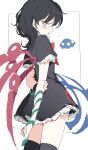  1girl absurdres asymmetrical_wings black_dress black_hair black_thighhighs blue_wings commentary dress from_side hand_on_own_arm highres houjuu_nue medium_hair open_mouth red_eyes red_wings short_sleeves simple_background snake_armband solo thighhighs touhou ufo vbasiliskv white_background wings 