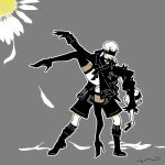  1boy 1girl 2b_(nier:automata) 9s_(nier:automata) arm_around_another's_waist arm_behind_head ass black_boots black_choker black_dress black_gloves black_jacket black_shorts black_socks black_visor blindfold boots breasts choker commentary_request dancing dip_(dance_move) dress falling_petals feather_trim fishnet_thighhighs fishnets flower full_body gloves grey_background hetero high_heel_boots high_heels jacket juliet_sleeves leotard long_sleeves medium_breasts mochi_(hanamaruudondesu) mole mole_under_mouth nier:automata nier_(series) pendant_choker petals puffy_sleeves short_hair shorts side_slit signature socks thigh_boots thighhighs upskirt white_flower white_hair white_leotard white_petals 