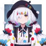  1girl aizawa_hamu beret bow braid closed_mouth commentary_request flower flower_over_eye hair_ornament hat highres hime_cut japanese_clothes jogasaki_noah kimono lolita_fashion looking_at_viewer magical_girl mahou_shoujo_no_inshuu_mura mahou_shoujo_no_majo_saiban multicolored_eyes multicolored_hair obi petals polka_dot polka_dot_bow polka_dot_kimono sash smile symbol_in_eye twin_braids wa_lolita 
