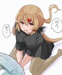  1girl black_skirt black_sweater breasts brown_eyes brown_hair brown_pantyhose commentary_request electric_fan hair_ornament hairclip highres kantai_collection large_breasts low_twintails mia_umauma pantyhose pleated_skirt simple_background sitting skirt solo sweat sweater tashkent_(kancolle) translated twintails wariza white_background 