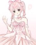  1girl absurdres back_bow bare_shoulders bow bow_choker bowtie brooch brown_eyes chinese_commentary choker commentary_request coral cowboy_shot dot_nose dress drill_hair eyes_visible_through_hair frilled_sleeves frilled_wrist_cuffs frills gradient_background hair_between_eyes hair_bow hair_ornament happy heart heart_brooch highres infinity_nikki jewelry large_bow light_blush long_hair looking_at_viewer necklace nikki_(nikki) nikki_(series) off-shoulder_dress off_shoulder open_mouth pink_background pink_bow pink_bowtie pink_choker pink_dress pink_hair pink_ribbon_waltz_(infinity_nikki) pink_theme pink_wrist_cuffs pleated_dress polka_dot polka_dot_background ranranxihuanqiaokeli shell shell_hair_ornament shirt short_sleeves sidelocks smile speech_bubble spoken_heart striped_bow striped_bowtie striped_clothes twin_drills twintails waving white_background white_shirt wrist_cuffs 