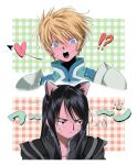  !? 2boys :o animal_ears armor arrow_through_heart averting_eyes black_eyes black_hair blonde_hair blue_eyes blush cat_boy cat_ears closed_mouth commentary_request embarrassed flustered flynn_scifo hair_between_eyes highres kemonomimi_mode long_hair looking_at_viewer male_focus multiple_boys omitatamio short_hair sweat tales_of_(series) tales_of_vesperia yaoi yuri_lowell 