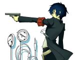  1boy 2nnniii blue_hair digital_walkman earphones_removed evoker gekkoukan_high_school_uniform gun headphones holding holding_gun holding_weapon male_focus mp3_player persona persona_3 persona_3_reload s.e.e.s school_uniform short_hair simple_background solo walkman_nw-s203f weapon white_background yuuki_makoto_(persona_3) 