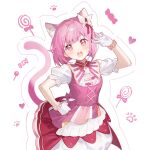  1girl :o animal_ear_fluff animal_ears bare_arms blush bow bubble_skirt candy candy_print cat_ears cat_tail commentary food food_print framed_cleavage gloves hair_bow hair_ornament hand_up heart highres lollipop makka_potato ootori_emu open_mouth outline paw_print pink_eyes pink_hair project_sekai short_hair short_sleeves simple_background skirt solo standing tail tareme teeth untranslatable_commentary upper_teeth_only white_background white_gloves white_skirt 