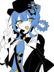  1girl :d black_bow black_bowtie black_capelet black_hat blue_hair blue_necktie blue_skirt blue_vest bow bowtie braid braided_hair_rings capelet collared_shirt colored_mouth commentary_request deerstalker hair_bow hair_rings hat hat_bow highres long_sleeves looking_at_viewer mahou_shoujo_no_majo_saiban necktie open_mouth sabi_kkr shirt short_hair simple_background skirt smile solo tachibana_sherry upper_body vest white_background white_shirt yellow_eyes 