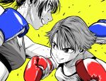  2girls blue_gloves boxing boxing_gloves breasts commentary_request flying_sweatdrops gloves greyscale_with_colored_background hatching_(texture) highres lee_(dragon_garou) medium_breasts mouth_guard multiple_girls original ponytail red_gloves short_hair small_breasts smile sports_bra spot_color sweat yellow_background 
