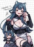 1girl animal_ears bare_shoulders belt_buckle black_nails black_thighhighs blue_hair breasts buckle chibi chibi_inset china_dress chinese_clothes cleavage cleavage_cutout clothing_cutout commentary commission cowboy_shot detached_sleeves dress fangs grid_background hair_rings hands_up highres large_breasts long_hair long_sleeves looking_at_viewer lowleg minaramuda mini_person minigirl mole mole_on_breast nail_polish open_mouth original pelvic_curtain red_eyes sash side-tie_peek skeb_commission sleeveless sleeveless_dress smile solo spaghetti_strap tail thigh_strap thighhighs thighs untranslatable_commentary white_dress 