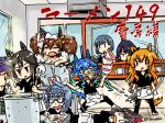  0_0 6+girls ahoge animal_ears apron black_hair black_pants black_shirt blue_hair blunt_bangs blush_stickers bowl bowl_stack braid breasts brown_eyes brown_hair closed_eyes closed_mouth commentary_request cooking cooking_pot daiichi_ruby_(umamusume) deformed dirty dirty_clothes drooling expressive_hair fang food food_on_face green_hair grey_hair hair_between_eyes hat holding holding_bowl horse_ears inari_one_(umamusume) indoors kashimoto_riko kiryuin_aoi long_hair looking_at_another lying mask mask_on_head mayano_top_gun_(umamusume) motion_lines mouth_drool multicolored_hair multiple_girls noodles nude official_alternate_costume on_back open_mouth orange_hair pale_skin pants partially_shaded_face purple_eyes shirt short_hair skull splashing standing stay_gold_(umamusume) strainer sweep_tosho_(umamusume) takanaga_kouhei twin_turbo_(umamusume) two_side_up umamusume v-shaped_eyebrows waist_apron wet wet_face wide-eyed x_mouth zenno_rob_roy_(umamusume) |_| 