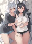  2girls :3 absurdres alternate_costume animal_ears aqua_eyes bed_sheet black_hair black_shirt black_shorts blue_shorts breasts closed_mouth commentary dolphin_shorts double-parted_bangs flipped_hair fox_ears fox_girl fox_tail grabbing_another's_breast groping hair_between_eyes hand_on_another's_thigh highres hololive kajitsu_no_hito large_breasts long_hair looking_at_another low_ponytail lying medium_breasts meme multicolored_hair multiple_girls on_back on_side ookami_mio open_mouth ponytail red_streaks shirakami_fubuki shirt shorts sidelocks single_bare_shoulder single_hair_streak single_off_shoulder spiked_hair streaked_hair t-shirt tail they_had_lots_of_sex_afterwards_(meme) very_long_hair virtual_youtuber wavy_hair white_hair white_shirt wolf_ears wolf_girl yellow_eyes yuri 