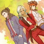  dutch_angle endou_mamoru gouenji_shuuya headband inazuma_eleven_(series) inazuma_eleven_go jewelry kidou_yuuto male_focus multicolored_hair multiple_boys nanjou_(sumeragimishiro) necklace necktie older two-tone_hair 