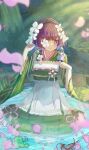  1girl absurdres aijaing333 apron awawa_yumemi blush brown_hair commentary commentary_request flower flower_over_eye forest highres hime_cut japanese_clothes magical_girl mahou_shoujo_no_inshuu_mura nature obi outdoors petals sash short_hair smile sonchou_(manomura) star_(symbol) star_in_eye symbol_in_eye water white_flower wide_sleeves 