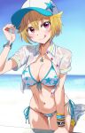  1girl baseball_cap beach bikini blonde_hair blue_sky bracelet breasts cleavage cloud collared_shirt commentary_request cowboy_shot cropped_shirt day dress_shirt front-tie_bikini_top front-tie_top hat highres horizon ibuki_tsubasa idolmaster idolmaster_million_live! jewelry large_breasts looking_at_viewer ocean open_clothes open_shirt outdoors print_bikini red_eyes run_p_(aveton) shirt shoes short_hair side-tie_bikini_bottom sky sneakers solo standing standing_on_one_leg star_(symbol) star_print star_print_bikini swimsuit tongue tongue_out white_hat white_shirt white_shoes wristband 