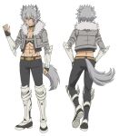  1boy abs animal_ear_fluff animal_ears armor armored_boots artist_request belt bete_loga black_choker black_gloves black_pants black_shoes boots brown_belt brown_eyes choker clenched_hand closed_mouth collarbone cropped_jacket dungeon_ni_deai_wo_motomeru_no_wa_machigatteiru_darou_ka facial_mark facing_away fingerless_gloves from_behind full_body fur-trimmed_jacket fur_trim gloves grey_hair grey_jacket grey_tail hand_up hands_in_pockets jacket leg_armor looking_at_viewer male_focus median_furrow multiple_views muscular muscular_male navel official_art open_clothes open_jacket pants second-party_source shoes short_hair simple_background solo standing sword_oratoria tail transparent_background turnaround vambraces white_armor wolf_boy wolf_ears wolf_tail 