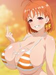  1girl absurdres after_ejaculation ahoge alternate_breast_size_(larger) armpit_crease beach bikini blurry blurry_background blush bow breasts collarbone commentary_request cum cum_on_body cum_on_breasts day eyelashes facial hair_bow hand_up highres huge_breasts large_variant_set looking_at_viewer love_live! love_live!_sunshine!! medium_hair micro_bikini middle_finger migikoba orange_bikini orange_hair orange_sky outdoors paid_reward_available pink_eyes sky smile striped_bikini striped_clothes swimsuit takami_chika upper_body variant_set yellow_background 