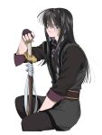  1boy black_eyes black_gloves black_hair black_pants brown_sash bruise bruise_on_face commentary_request crossed_legs fingerless_gloves gloves highres holding holding_sword holding_weapon injury invisible_chair long_hair looking_at_viewer male_focus omitatamio pants sheath sheathed simple_background sitting smile solo sword tales_of_(series) tales_of_vesperia three-quarter_sleeves weapon white_background yuri_lowell 