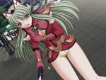  1girl 2000s_(style) :o blue_eyes blush breasts cleavage cleavage_cutout clothing_cutout dutch_angle elbow_gloves elixir_rose game_asset gloves green_eyes green_hair headdress holding holding_sword holding_weapon kagashima_itsuki large_breasts long_hair magical_girl mahou_senshi_(series) mahou_senshi_elixir_knights night no_pants non-web_source official_art open_mouth outdoors panties ribbon saitou_natsuki self-datamine solo sword tile_floor tiles underwear variant_set visual_novel_cg weapon yellow_panties 
