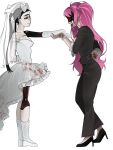  2girls alien_stage black_hair blood blood_on_clothes bridal_veil commentary dress english_commentary gloves hair_between_eyes high_heels highres long_hair mizi_(alien_stage) multiple_girls off-shoulder_dress off_shoulder open_mouth pink_hair purple_eyes simple_background smile standing sua_(alien_stage) suit twintails veil vesper_styx wedding_dress white_dress white_gloves zombie_stage 