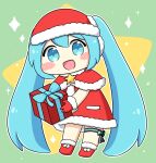  1girl :d blue_eyes blue_hair blush_stickers boots box capelet chibi chibi_only christmas commentary_request double-parted_bangs dress full_body fur-trimmed_boots fur-trimmed_capelet fur-trimmed_dress fur-trimmed_gloves fur-trimmed_headwear fur_trim gift gift_box gloves green_background hair_between_eyes hat hatsune_miku holding holding_gift long_hair looking_at_viewer nukotun open_mouth outline red_boots red_capelet red_dress red_gloves red_hat santa_costume santa_dress santa_hat smile solo sparkle standing twintails very_long_hair vocaloid white_outline 