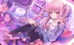  1other 1sh1214 absurdres akiyama_mizuki black_thighhighs bow bowtie buttons candy cardigan character_charm charm_(object) closed_mouth collared_shirt commentary crane_game diagonal-striped_bow diagonal-striped_bowtie diagonal-striped_clothes drink_carton food grey_cardigan hair_bow hand_on_own_leg hand_up highres holding holding_charm kamiyama_high_school_uniform_(project_sekai) key lock lollipop long_hair long_sleeves milk_carton other_focus pink_bow pink_bowtie pink_eyes pink_hair project_sekai school_uniform shirt side_ponytail sidelocks sitting smile solo striped_bow striped_bowtie striped_clothes stuffed_animal stuffed_cat stuffed_toy teddy_bear thighhighs 