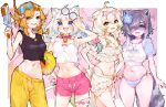  3am 4girls :d absurdres ahoge animal_ear_fluff animal_ears bell bikini black_tank_top blonde_hair blue_bikini blue_eyes blue_flower blue_hair blue_shirt blue_streaks blue_tail blush bow braid breasts camisole cat_ears cat_girl cat_tail cleavage closed_eyes collar colored_skin crop_top cropped_shirt densetsu.exe dokibird dokibird_(summer) dolphin_shorts dragoon_(dokibird) eye_mask eyewear_on_head fang feather_hair ferret_ears ferret_girl ferret_tail flower frilled_camisole frilled_straps frilled_thigh_strap frills gold_choker gold_thighlet gradient_hair green_eyes green_hair green_tail hair_between_eyes hair_flower hair_ornament heart heart-shaped_eyewear heterochromia hibiscus highres holding holding_water_gun indie_virtual_youtuber jewelry large_breasts limealicious limealicious_(summer) long_hair looking_at_viewer low_twin_braids ma_draws mask medium_hair mint_fantome multicolored_hair multiple_girls multiple_views navel navel_piercing neck_bell necklace open_mouth piercing pink-tinted_eyewear pink_bikini pink_collar pink_shorts pink_skin pink_streaks pointy_ears ponytail raccoon_ears raccoon_girl raccoon_tail sarong shirt short_hair shorts skin_fang sloppy_sisters smile snorkel snuffy_(swimsuit)_(vtuber) snuffy_(vtuber) solo standing star_(symbol) star_hair_ornament star_necklace streaked_hair sunglasses swimsuit tail tail_bow tail_ornament tank_top thigh_strap thighlet thighs tinted_eyewear twin_braids two-tone_shirt v vinesauce virtual_youtuber water_gun white_background white_hair white_sarong white_shirt x_hair_ornament yellow_eyes yellow_shorts 