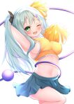  1girl :d ;d adapted_costume alternate_hair_length_(longer) arm_behind_head blush breasts cheerleader commentary_request disembodied_linked_eye green_hair green_skirt holding holding_pom_poms komeiji_koishi long_hair midriff one_eye_closed open_mouth part1550105 pom_pom_(cheerleading) ponytail simple_background skirt smile solo touhou white_background 