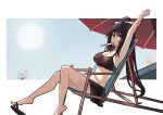  2girls absurdres ahoge beach_umbrella bikini black_bikini black_hair black_skirt blue_sky breasts bronya_zaychik chair cleavage commentary_request cup highres honkai_(series) honkai_impact_3rd large_breasts long_hair lounge_chair multicolored_hair multiple_girls navel nodgilmo573 red_eyes red_hair sandals seele_(alter_ego) seele_vollerei seele_vollerei_(starchasm_nyx) sitting skirt sky solo_focus stomach sun swimsuit two-tone_hair umbrella very_long_hair 