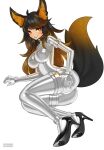  1girl absurdres ahoge animal_ear_fluff animal_ears ankle_cuffs arm_cuffs ass black_hair bodysuit breasts collar commission cuffs gradient_hair high_heels highres impossible_bodysuit impossible_clothes large_breasts latex latex_bodysuit looking_at_viewer lying maguro27 multicolored_hair on_side orange_hair original red_eyes shiny_clothes silver_bodysuit skin_tight smile solo tail thigh_cuffs white_background 
