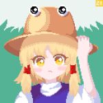  1girl blonde_hair blush brown_hat closed_mouth commentary_request hair_tubes hand_on_headwear hat korean_commentary long_sleeves looking_at_viewer mixed-language_commentary moriya_suwako pixel_art purple_vest seu-i solo touhou upper_body vest yellow_eyes 