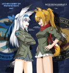  2girls black_panties breasts feet_out_of_frame green_hair green_jacket jacket long_hair looking_at_another medium_breasts military_uniform multiple_girls no_pants open_mouth original panties red_scarf scarf skirt standing underwear white_hair white_panties world_witches_series zero_(73ro) 