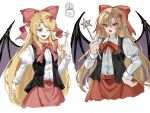  1girl :3 :d bat_wings black_vest blonde_hair blush bow bowtie commentary_request doraemon doraemon_(character) elis_(touhou) flower hair_bow hair_flower hair_ornament highres holding holding_wand juliet_sleeves long_hair long_sleeves looking_at_viewer multiple_views open_mouth pointy_ears puffy_sleeves red_bow red_bowtie red_eyes red_flower red_skirt shirt sidelocks simple_background skirt smile tomura_amane touhou touhou_(pc-98) vest wand white_background white_shirt wings 