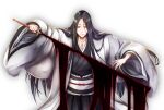  1girl arms_up bankai black_hair black_hakama black_kimono bleach bleach:_sennen_kessen-hen blood closed_mouth commentary_request cowboy_shot fighting_stance floating_clothes hair_over_shoulder hakama haori hemokinesis highres holding holding_sword holding_weapon ichi_natsu japanese_clothes katana kimono lips long_hair long_sleeves looking_at_viewer mature_female minazuki_(bankai) parted_bangs sash scar scar_on_chest simple_background smile solo straight_hair sword tsurime unohana_retsu weapon white_background white_haori white_sash wide_sleeves 