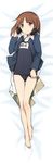  adjusting_clothes adjusting_swimsuit bangs bare_legs barefoot bed_sheet blue_jacket blue_swimsuit blush bob_cut brown_eyes brown_hair camouflage dakimakura feet full_body girls_und_panzer hand_on_headphones headphones headset highres jacket light_smile long_sleeves looking_at_viewer lying military military_uniform name_tag nishizumi_miho official_art on_back one-piece_swimsuit open_clothes open_jacket school_swimsuit shimada_fumikane short_hair solo swimsuit swimsuit_under_clothes throat_microphone uniform 