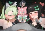  1boy 4girls angels_of_delusion animal_ears aqua_bow aqua_hair aria_(human)_(zenless_zone_zero) aria_(zenless_zone_zero) bell belle_(zenless_zone_zero) black_hair blue_eyes blunt_bangs blush bow breast_press breasts brother_and_sister cat_ears cleavage collarbone commentary_request detached_collar ear_blush fake_animal_ears finger_to_mouth flasso four-pointed_star green_eyes green_hair hair_bow hair_ornament hairclip heart heart-shaped_pupils hetero highres holding holding_scissors looking_at_viewer medium_breasts medium_hair multicolored_hair multiple_girls multiple_hair_bows nail_polish nangong_yu neck_bell pink_bow pink_hair pov red_eyes scissors shushing siblings sidelocks sunna_(zenless_zone_zero) sweat symbol-shaped_pupils two-tone_hair wise_(zenless_zone_zero) zenless_zone_zero 