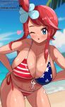  1girl american_flag american_flag_bikini american_flag_print beach bent_over bikini blue_eyes breasts cloud commentary_request edwith27 flag_print flag_print_bikini hands_on_own_hips heart large_breasts leaning_forward navel outdoors palm_tree pokemon pokemon_black_and_white print_bikini red_hair sand side-tie_bikini_bottom sky skyla_(pokemon) swimsuit tree water 