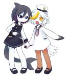  2girls asa_(asagh0st) bare_shoulders bird_girl bird_tail black_sailor_collar black_sandals black_sclera blue_sailor_collar blue_shirt bright_pupils buttons cetacean_tail clenched_hand closed_mouth colored_sclera colored_skin commentary dolphi_(funamusea) dolphin_girl dot_nose english_commentary fins fish_tail funamusea grey_hair hair_over_one_eye hat highres holding_hands looking_at_viewer memoca_(funamusea) multicolored_hair multiple_girls oounabara_to_wadanohara open_mouth orange_eyes orange_hair orange_pantyhose pantyhose sailor_collar sailor_hat sailor_shirt sandals shirt short_hair simple_background sleeveless sleeveless_shirt smile streaked_hair tail white_background white_hair white_pupils white_shirt white_skin 