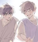  2boys basketball_jersey black_hair blush brown_eyes brown_hair choi_jongsu closed_eyes couple garbage_time grin highres holding_hands ki_sangho lineart male_focus mole mole_under_eye multiple_boys open_mouth short_hair simple_background sketch sleeveless smile sweatdrop ununtied upper_body yaoi 