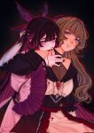  2girls alternate_universe bare_shoulders bat_hair_ornament bat_wings bite_mark bite_mark_on_neck biting biting_neck black_dress black_hair black_sleeves bleeding blood blood_drip blood_from_mouth blood_on_clothes blood_on_face blood_on_hand blood_on_mouth blood_on_neck blood_on_shoulder blood_sucking blue_eyes blush breasts brown_hair cleavage closed_mouth columbina_(genshin_impact) columbina_(marechaussee_hunter)_(genshin_impact) cuffed dress drinking_blood english_commentary fangs genshin_impact grabbing_from_behind hair_down hair_ornament hair_undone halation_pupils head_wings highres long_hair long_sleeves looking_at_viewer multicolored_hair multiple_girls multiple_wings official_alternate_costume open_mouth pointy_ears purple_hair purple_streaks purple_wings remy_(rmj_draws) ribbon sandrone_(genshin_impact) sandrone_(marechaussee_hunter)_(genshin_impact) streaked_hair two-tone_hair unusually_open_eyes vampire very_long_hair white_dress wing_hair_ornament wings yuri 