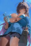  1girl absurdres ahoge bag bikini black_hair black_skirt blue_archive blue_bikini blue_bow blue_bowtie blue_cardigan blue_halo blush bow bowtie breasts cardigan cleavage colored_inner_hair dark-skinned_female dark_skin from_below halo highres holding holding_phone huge_breasts karin_(blue_archive) karin_(school_uniform)_(blue_archive) long_hair micro_bikini miniskirt multicolored_hair outdoors phone pleated_skirt purple_hair purple_halo runfufu school_bag school_uniform skirt sky solo swimsuit underboob upskirt very_long_hair yellow_eyes 