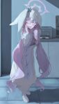  1girl :d absurdres blue_archive blush breasts commentary_request fang full_body hair_between_eyes halo highres hood hooded_pajamas indoors korean_commentary koyuki_(blue_archive) koyuki_(pajamas)_(blue_archive) long_hair looking_at_viewer low_twintails official_alternate_costume open_mouth open_pajamas pajamas pink_eyes pink_hair pink_halo rabbit_pajamas shadow skin_fang slippers small_breasts smile solo springrain_06 twintails very_long_hair yellow_pajamas 
